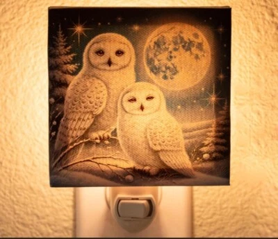 Luz nocturna de búho nevado enchufe, impresión en lienzo de búho y luna, arte de pared de nieve de invierno Foto 1 de 3