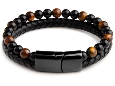 Armband Tigerauge Tiger Eye braun Perlen Lederarmband Herren Damen Bracelet - Bild 1 von 3