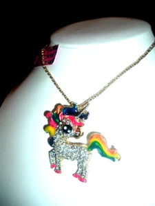 Betsey Johnson Young MULTICOLOR ENAMEL CRYSTAL UNICORN HORSE Gold HORN NECKLACE - Picture 1 of 9