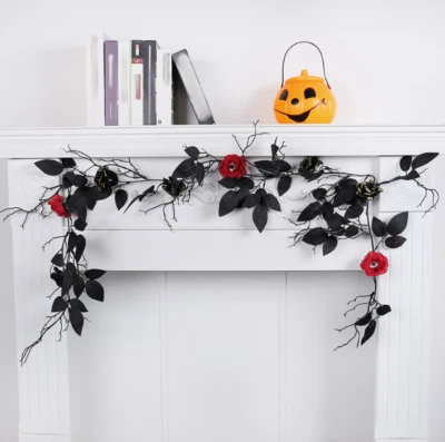 Halloween Flower Decor Black Rose Vines Garland Party Halloween Door Decoration - Imagen 1 de 4