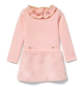 Janie And Jack Faux Fur Ponte Dress Ruffle Collar Gold Trim English Rose Size 4 - Picture 1 of 10