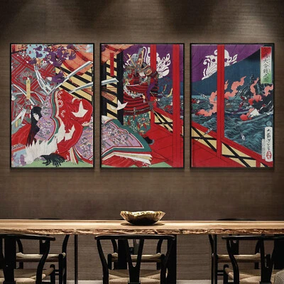 Set 3 Silk Canvas Samurai Battle Japan Ukiyoe Paint poster Decor Unframed P186 - Image 1 of 4