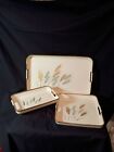 Vintage MCM 1950s Wheat Spikes Serving Tray 3 Piece Nesting Set Gold off white