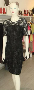 VTG 80S BLACK LACE SHEER BEADED SEXY SILK TROPHY PARTY COCKTAIL DRESS SZ M - Picture 1 of 8