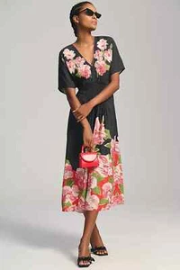 Anthropologie Kimono Kaftan Coverup Dress Bl-nk V Neck Floral Tatiana One Sz NEW - Picture 1 of 5