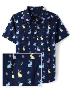 NEW! Children's Place Boys Navy Blue Easter Bunny Poplin Button Up Shirt XS (4) - Picture 1 of 5