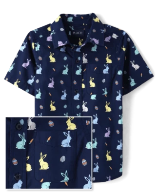 NEW! Children's Place Boys Navy Blue Easter Bunny Poplin Button Up Shirt XS (4) - Image 1 of 4