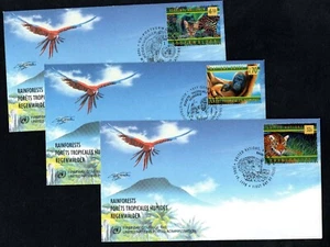 Juego de 3 oficinas de bosques tropicales de las Naciones Unidas 1998 FDC - Imagen 1 de 2