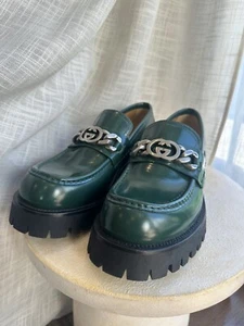 Gucci Maxi Dark Green Slip On Chunky Loafer With Interlocking ‘G’ Chain,Sz10 - Picture 1 of 8