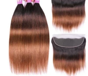 1B/4/30# OMBRE PERUVIAN VIRGIN HUMAN HAIR BUNDLES+13X4 FRONTAL 390g STRAIGHT 12A - Bild 1 von 6
