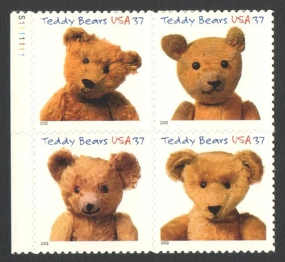 Unused US Postage Block of 37 Cent Stamps TEDDY BEARS USA 2002 - Image 1 of 2