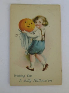Antique 1922 Halloween Postcard w/Child with Jack-O-Lantern Vtg Original! - Picture 1 of 4