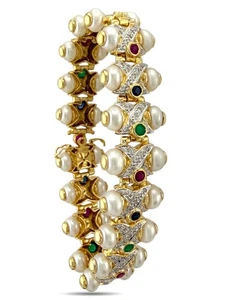 14K Yellow Gold Sapphire, Ruby, Emerald, Pearl and 1.03ct Diamond Bracelet - Picture 1 of 7