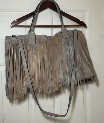 Posse Fringe Leather Gray Bag Tote EUC Purse - Image 1 of 4