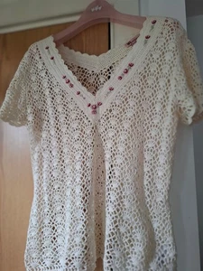 Monsoon Crochet Top Size Uk 16 Lace Short Sleeve Boho Floral Beach - Picture 1 of 3
