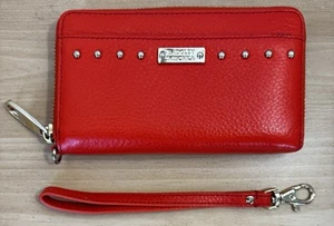 Badgley Mischka orange Nieten umlaufender Reißverschluss Kalbsleder/Geldbörse abnehmbarer Riemen 6,5 x 4 - Bild 1 von 17
