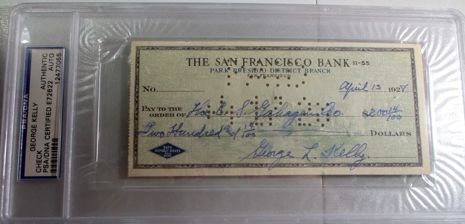 George "High Pockets" Kelly / Cheque bancário pessoal assinado 1928 / PSA/DNA lajeado - Imagem 1 de 4
