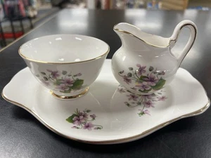 Vintage Royal Sutherland Staffordshire Creamer & Sugar Set Underplate Violets - Picture 1 of 9