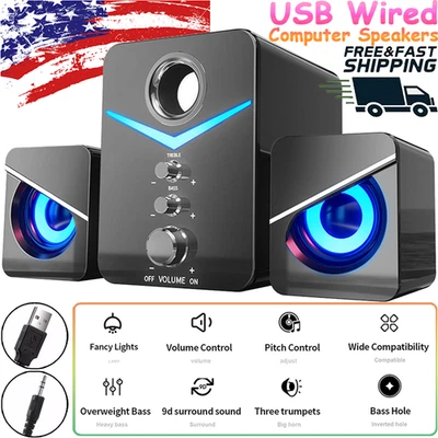 Wired USB Powered 2.1 PC Speakers LED Subwoofer 3.5mm Jack Desktop Laptop Gaming - Image 1 of 4