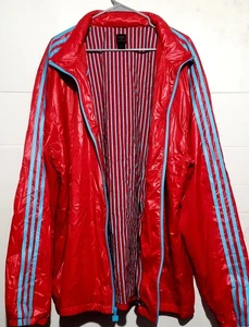 VTG Adidas Bright Red/Blue Turquoise Striped  Windbreaker Jacket Nylon 3XL Mens - Picture 1 of 22