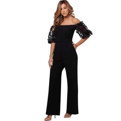 Xscape Black Off-Shoulder Wimsigoth Wide Leg Jumpsuit Size 12P - Image 1 of 4