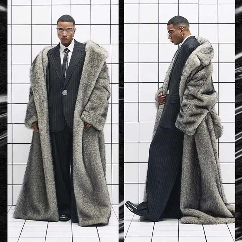 115-120cm Long Coat Mens Faux Fox Fur Lapel Collar Overcoat Winter Warm S-6XL Sz - Image 1 of 4