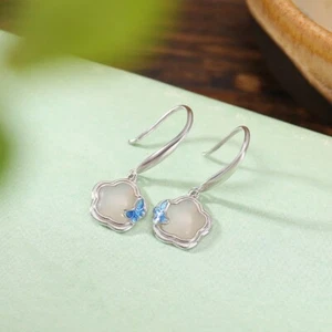 F02 Orecchini Fiore Di Chiare Giada Blu Farfalla Argento Sterling 925 - Foto 1 di 2