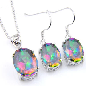 Jewelry Sets 2 Pcs 1 Lot Oval Rainbow Fire Mystic Topaz Silver Pendants Earrings - Picture 1 of 6