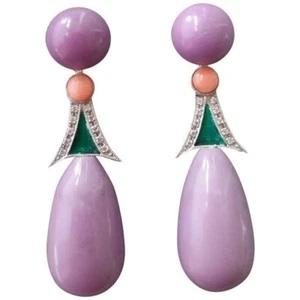 Lab created Pink, Green & Amethyst Cabochon Pear Drop Dangle Earring for Women - Picture 1 of 7
