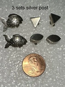 Vintage Sterling massiv Silber Ohrstecker 3 Paar klein, Fisch, Pyramide, oval. - Bild 1 von 5