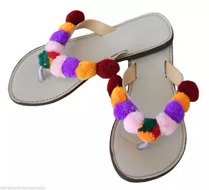 Women Slippers Indian Handmade Leather Flip-Flops Cream Flat Foot ware US 5-8.5 - Picture 1 of 6