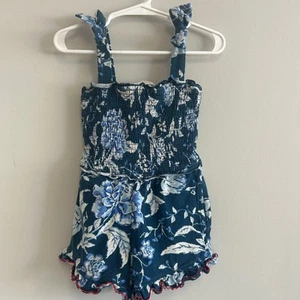 Matilda Jane Floral Romper Smocked Ruffle Trim Sleeveless Blue White girls sz 4 - Picture 1 of 7