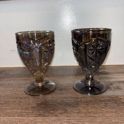 Imperial Iridescent Purple Carnival 4" Cordial Glass Goblet Star & File Pattern - Image 1 of 4