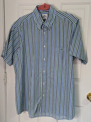 Lacoste Shirt Mens US XL EU 44 Button Up S/S Blue Stripe Crocodile Logo Cotton - Image 1 of 4