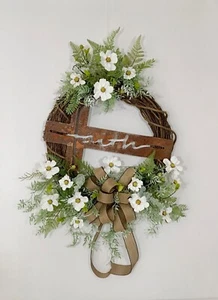 RUSTIC METAL FAITH CROSS GRAPEVINE FLORAL EVERYDAY WREATH CHRISTIAN EASTER NEW - Picture 1 of 10