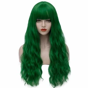 Long Curly Wavy Green Wigs with Bangs Synthetic Hair Wigs Cosplay Costume Women - Picture 1 of 6
