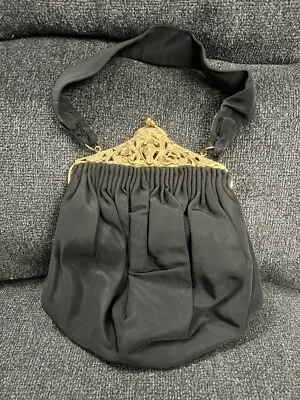 VTG 40s K & G CHARLET PARIS NEW YORK Purse Black Sateen- Gilded Gold/Brass Clasp - Image 1 of 4