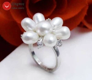 20mm Flower Natural White Pearl Ring for Women with Rice Pearl Jewelry Gift #9 - Picture 1 of 9