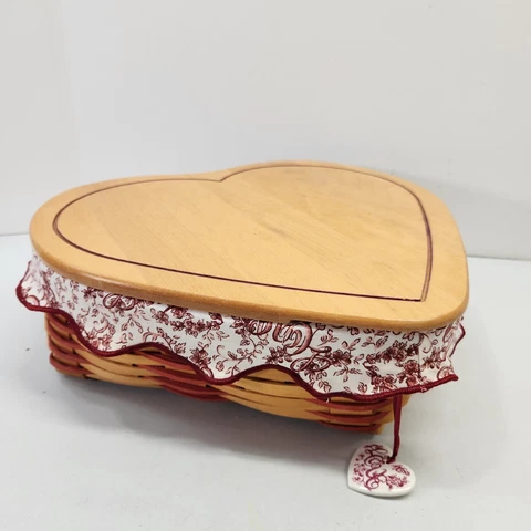Longaberger 1999 #13064 Love Treasures Large Basket W/ Liner Ruffle Tie On Heart Cover