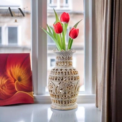Florero de filigrana de piedra de jabón tallada a mano de 6" integrado Jaali trabajo acento para el hogar Foto 1 de 4
