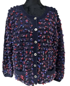 VTG Women SZ L Hand Knit Wool Button Up Pom Pom Cottage Core Blue Sweater - Picture 1 of 10