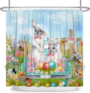 Easter Shower Curtain Cute Bunny Teal Truck Colorful Eggs Floral with Butterf... - Picture 1 of 8