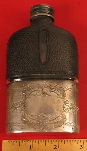 ANTIQUE WHISKEY FLASK ENGRAVED SILVER PLATED LEATHER TRADE MARKED NICE !! - Picture 1 of 3