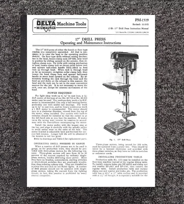 Operator Maint Manual Fits Rockwell-Delta Walker-Turner 17" Drill Press 1559 - Image 1 of 4