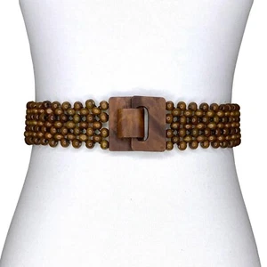 Women Vintage Wooden Beaded Wide Elastic Waist Stretch Waistband Bohemia Belt - Picture 1 of 6