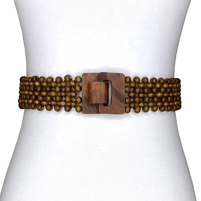 Women Vintage Wooden Beaded Wide Elastic Waist Stretch Waistband Bohemia Belt - Image 1 of 4