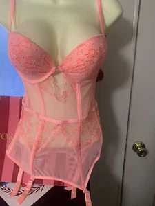 Victoria's Secret durchsichtiges Spitzenkorsett Mieder Rosetten 36C verstellbar - Bild 1 von 2