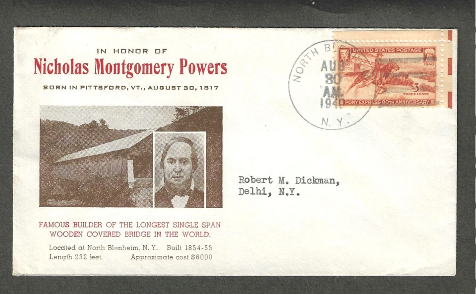 HONORING NICHOLAS MONTGOMERY POWERS NORTH BLENHEIM,NY AUG 30-1940 BRIDGE BLDR - Image 1 of 1