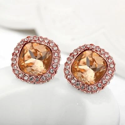 Pendientes de mujer rellenos de oro rosa elegantes AAA champán circonita cúbica #DE01 Foto 1 de 4