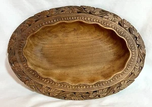 VTG Black Forest Carved Wood Oval Bowl Centerpiece Leaf MCM Germany 14” - Picture 1 of 12